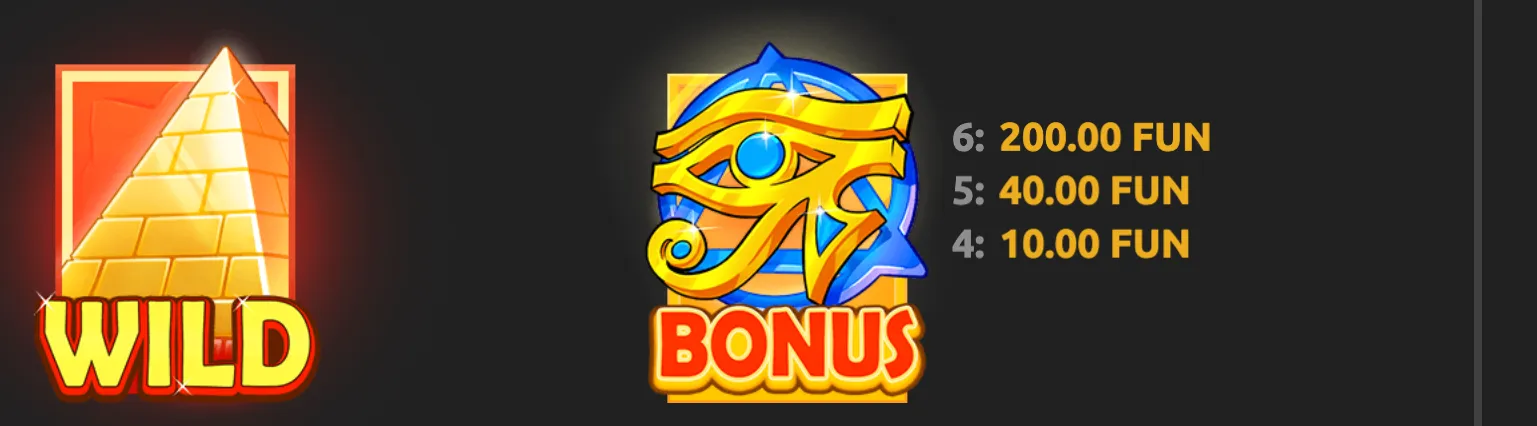 Ancient Egyptian-themed slot symbols featuring a glowing pyramid Wild and blue-and-gold Eye of Horus Bonus emblem, alongside prize values in FUN.