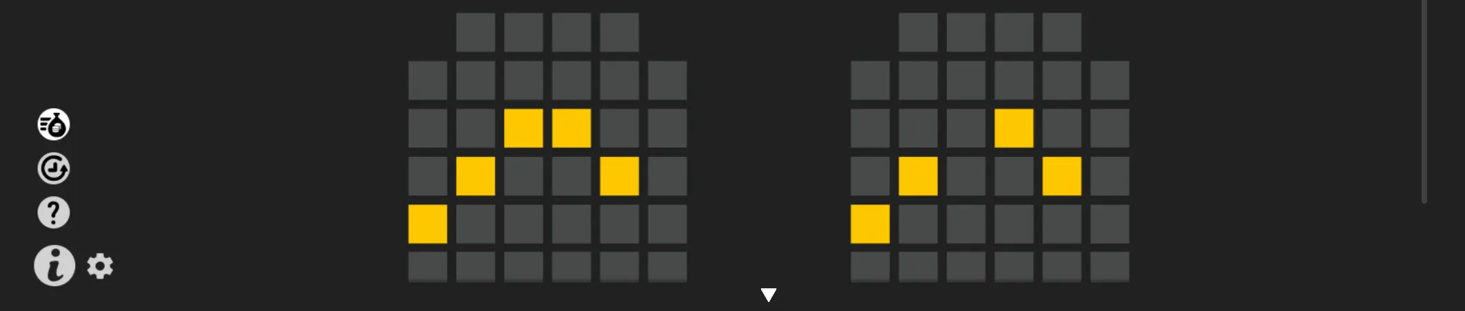 Dark slot-game interface with two staggered Megaways-style reel grids, yellow highlighted tiles, and white control icons along the left side.