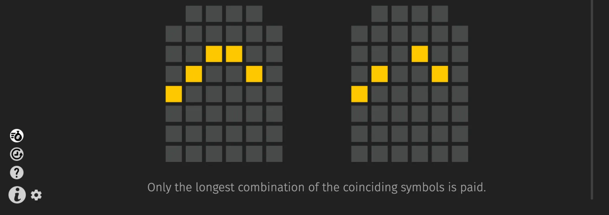 Dark game help panel with two gray symbol grids, yellow highlighted winning paths, and text explaining that only the longest combination of coinciding symbols is paid.
