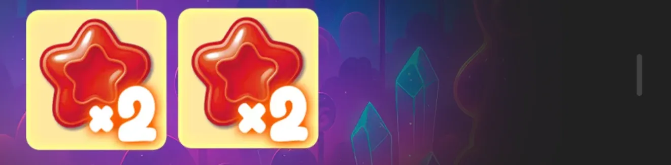Two glossy red star-shaped candies marked x2 appear on yellow tiles against a purple fantasy backdrop in Sugar Merge Up.