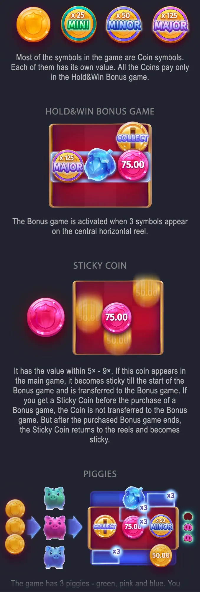 Piggy Bank Hold & Win feature guide with colorful coin symbols, Mini, Minor and Major jackpot badges, a Hold&Win bonus grid, Sticky Coins, and green, pink and blue piggies.