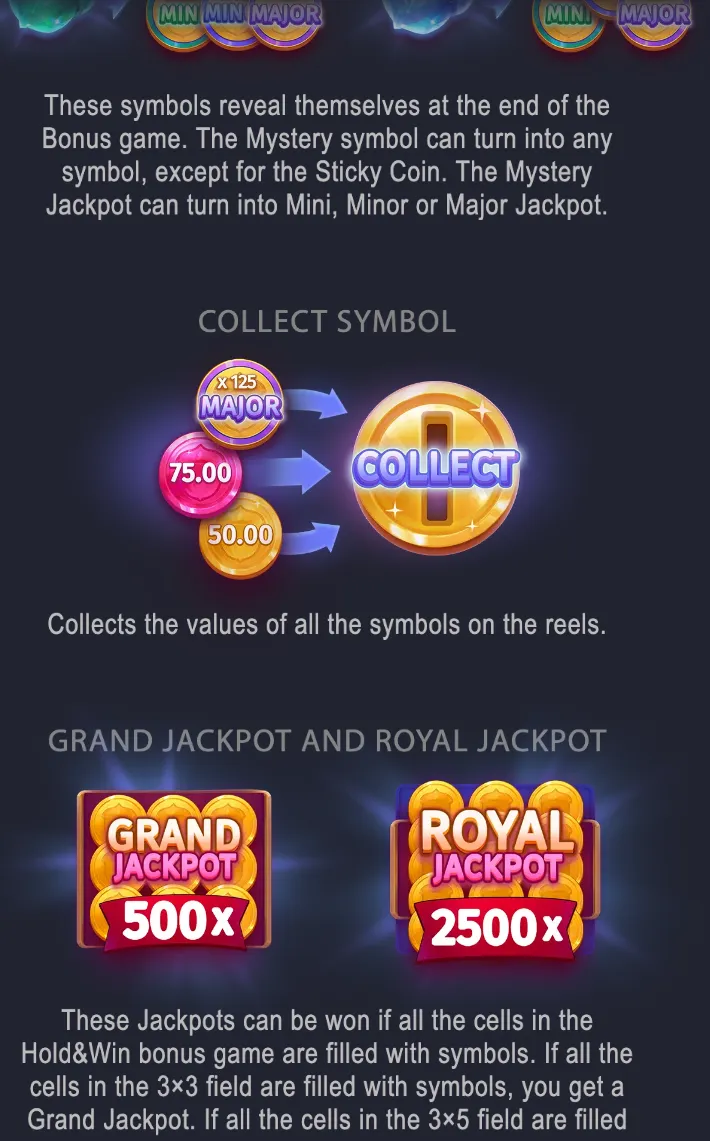 Instructional Piggy Bank Hold & Win artwork featuring Collect, jackpot, coin, and multiplier symbols against a dark blue backdrop.
