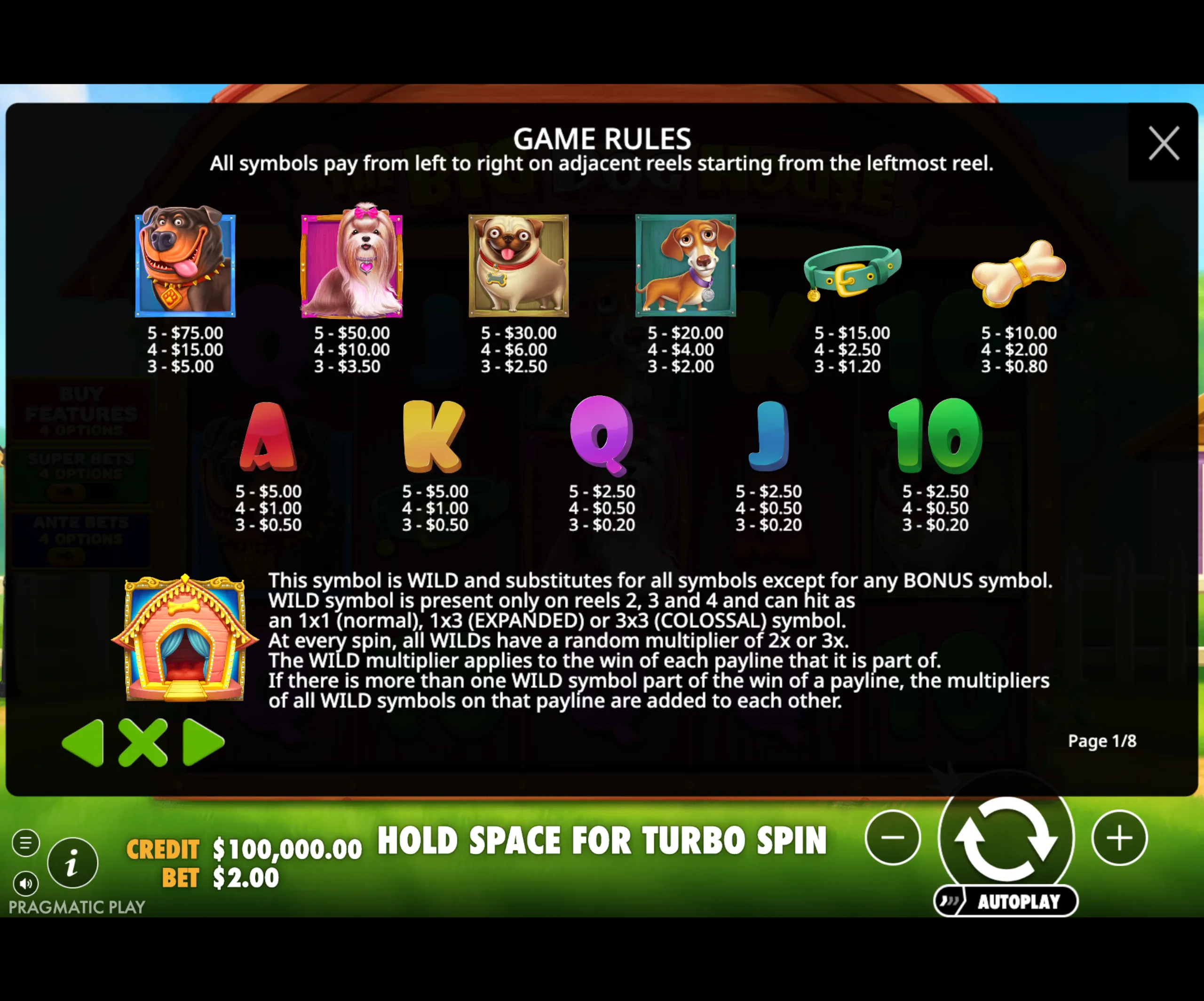 Paytable and game rules for The Big Dog House slot game featuring dog-themed symbols with payout values and wild symbol details.