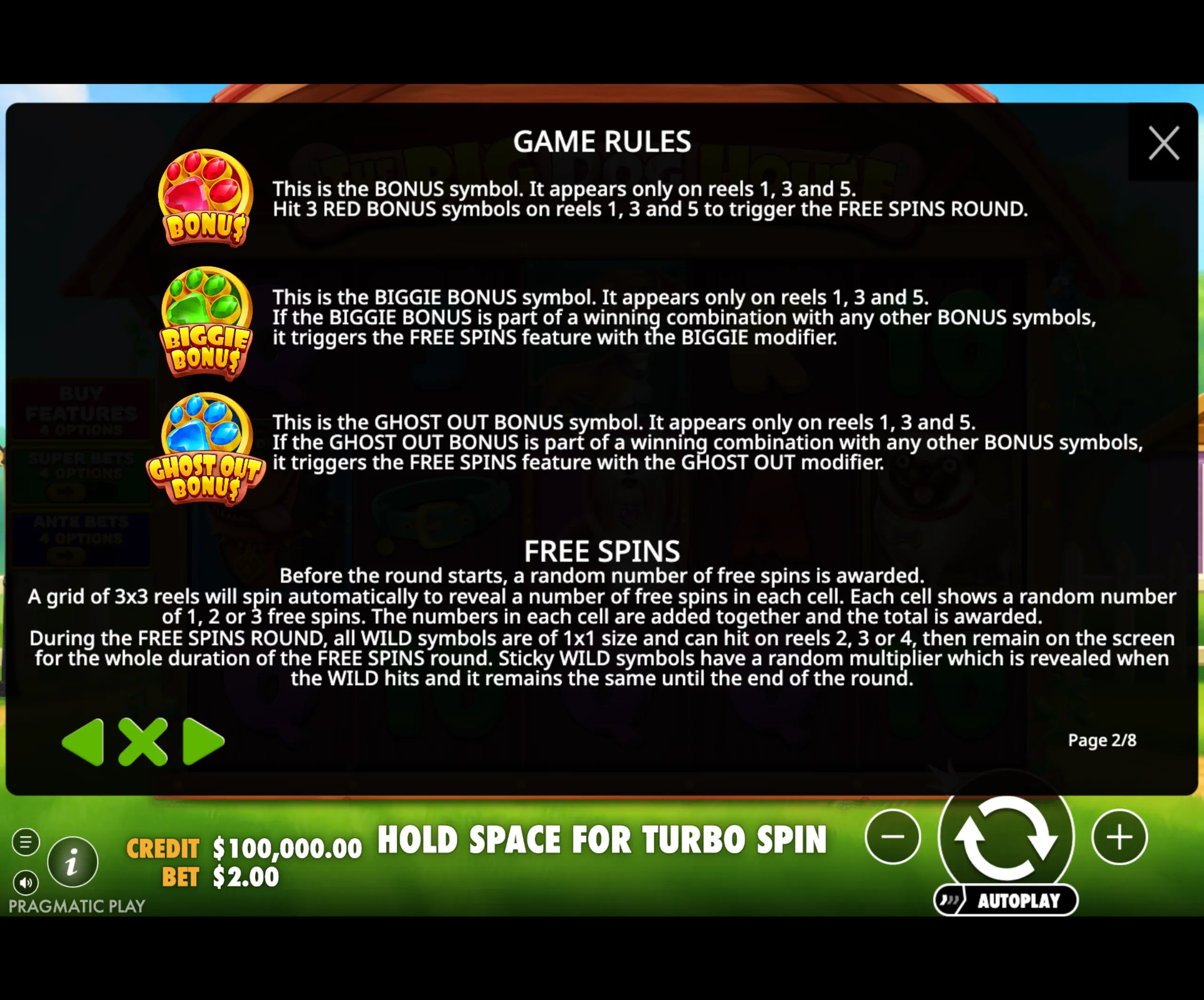 Game rules for The Big Dog House slot explaining the bonus symbols and free spins feature with colorful paw print icons.