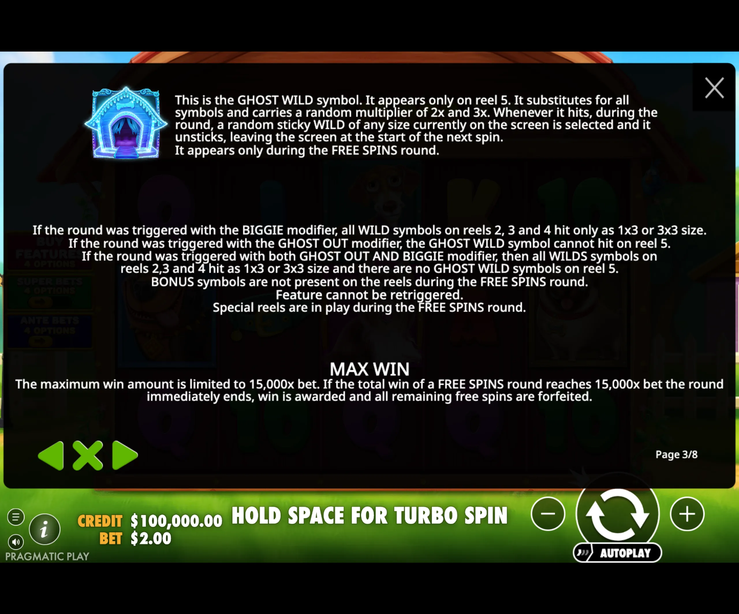 The Big Dog House slot game preview explaining the GHOST WILD symbol, its multipliers, modifiers, and free spins feature with a glowing blue doghouse symbol.