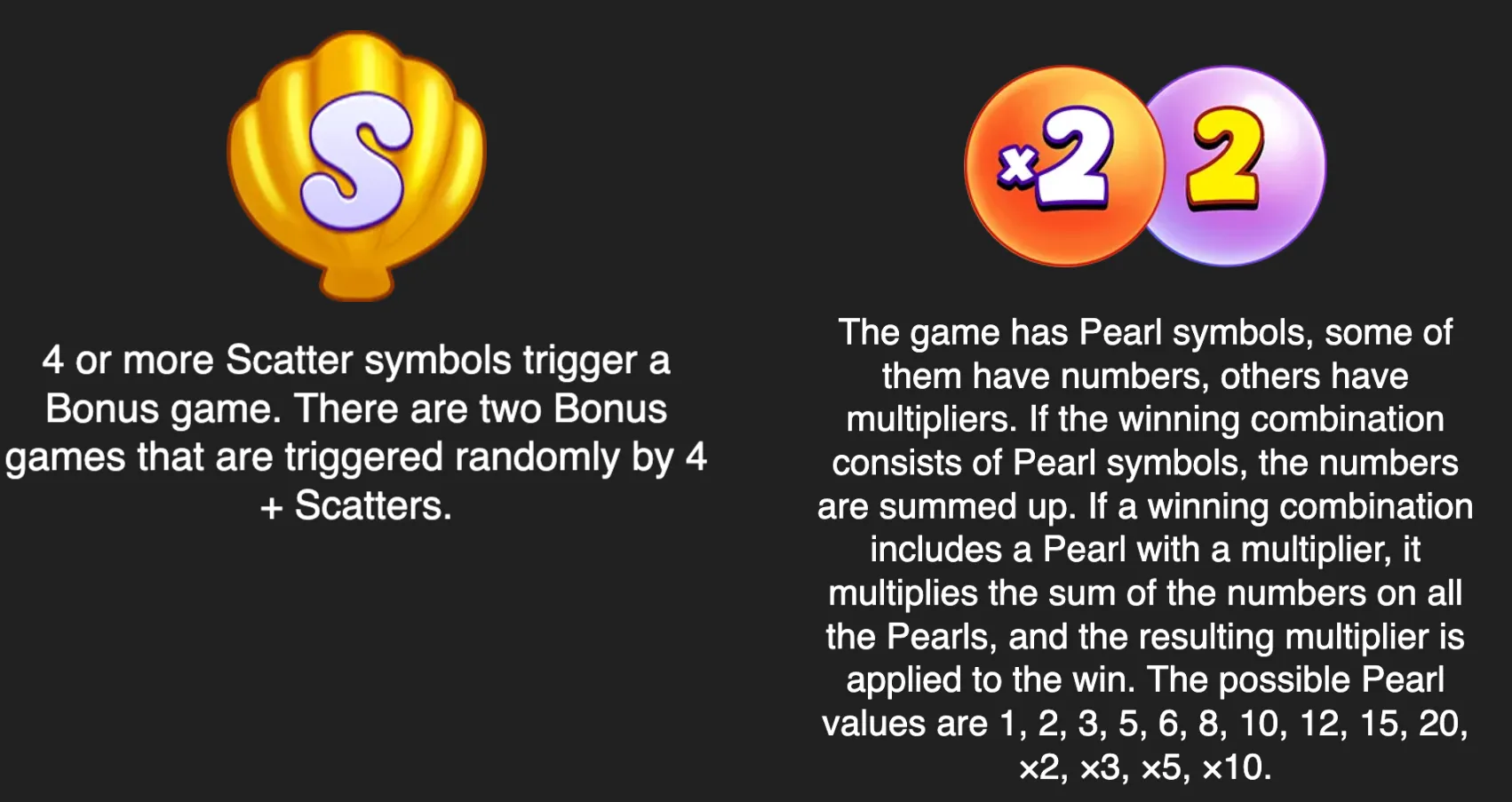 Shark & Spark feature artwork with a golden scatter symbol and orange and purple Pearl symbols marked with x2 and 2, alongside explanatory bonus-game text.
