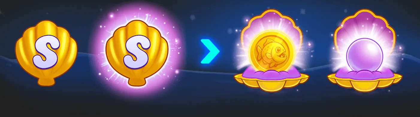 Golden S symbols transform into ornate clam shells containing a fish coin and a glowing pearl, set against a dark underwater backdrop.