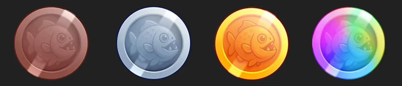Four round coin symbols feature a smiling, toothy cartoon fish in bronze, silver, gold, and rainbow finishes against a dark backdrop.