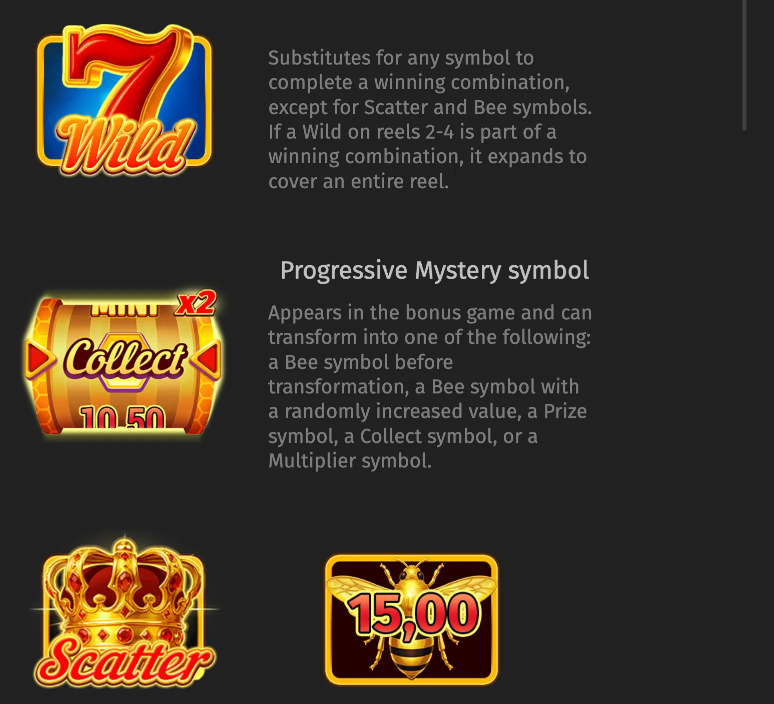 Royal Beellion feature artwork with a red 7 Wild symbol, a golden Collect mystery symbol, a jeweled Scatter crown, and a bee prize symbol valued at 15.00.