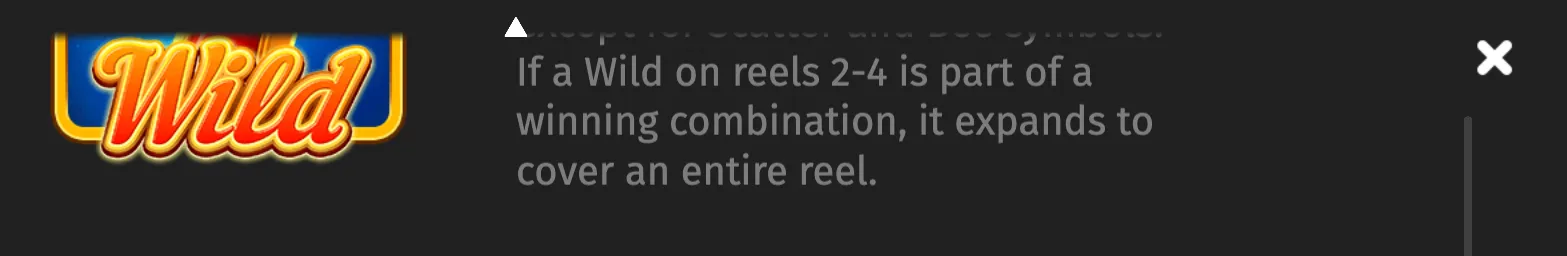 A dark feature panel displays a glowing Wild symbol and text explaining that Wilds on reels 2–4 can expand to cover an entire reel when part of a winning combination.