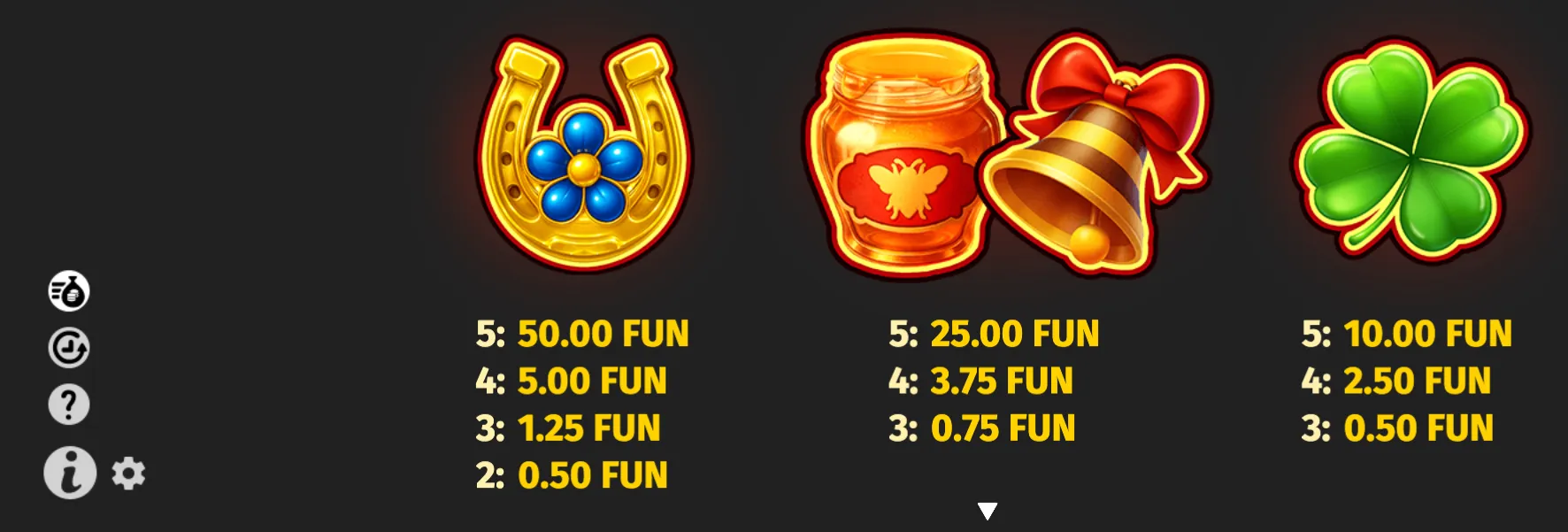 Royal Beellion slot symbols featuring a golden horseshoe with blue flower, honey jar and bell, and green four-leaf clover above a FUN payout table.