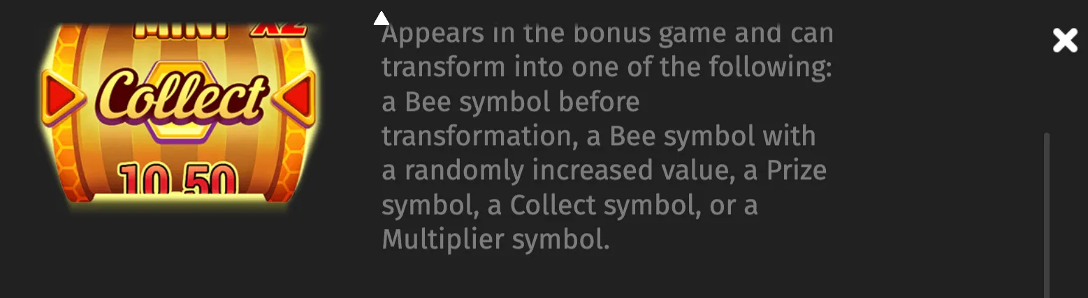Royal Beellion bonus-game information panel featuring a glowing honeycomb-themed Collect symbol with a 10.50 value beside explanatory text about Bee, Prize, Collect, and Multiplier transformations.