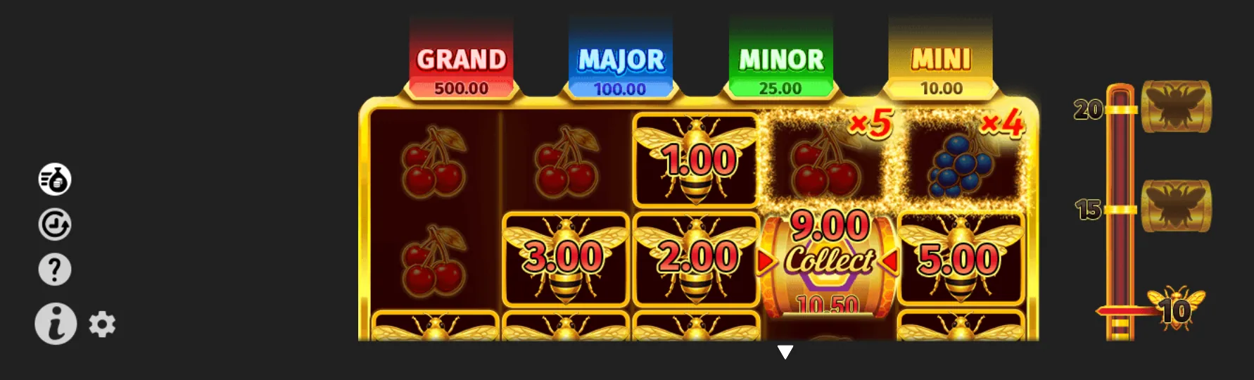 Royal Beellion slot interface featuring golden bee symbols with cash values, fruit symbols with multipliers, a Collect total, and Grand, Major, Minor, and Mini jackpot meters.