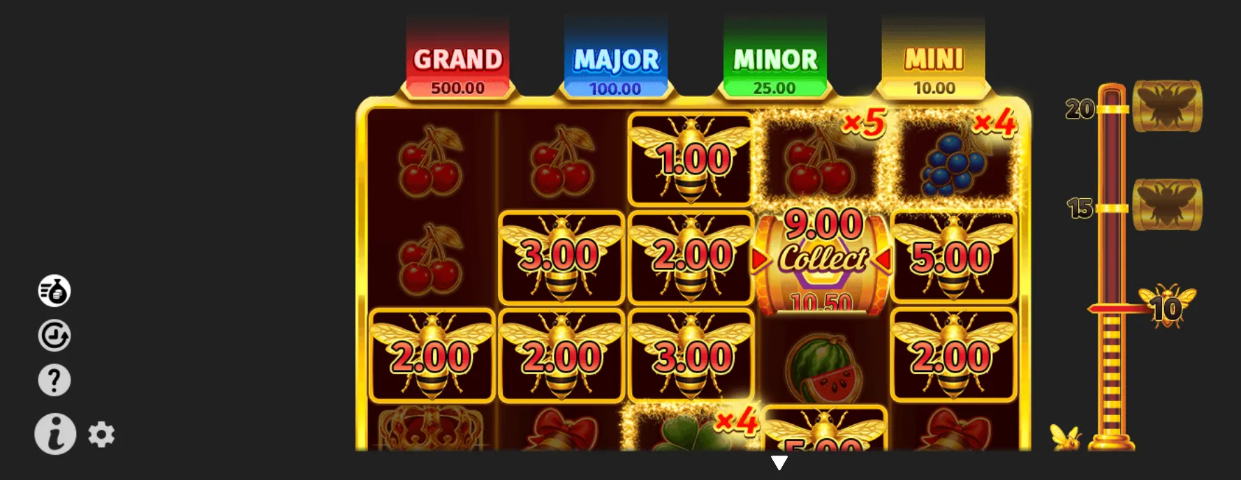 Royal Beellion slot interface with golden bee symbols carrying cash values, fruit symbols, multiplier markers, a central 9.00 Collect feature, and Grand, Major, Minor, and Mini jackpot tiers.