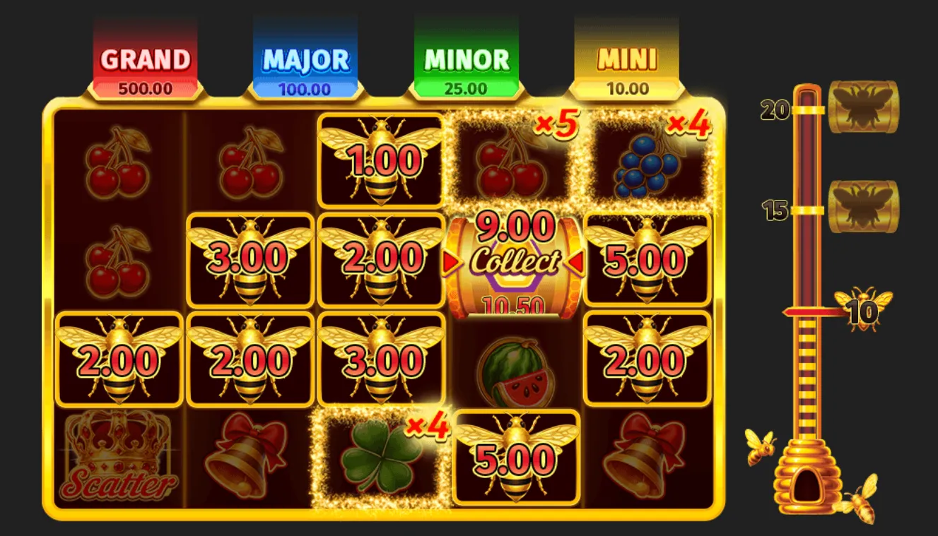 Royal Beellion slot interface featuring bee cash symbols, fruit icons, multiplier markers, a central Collect value, and Grand, Major, Minor, and Mini jackpot meters.