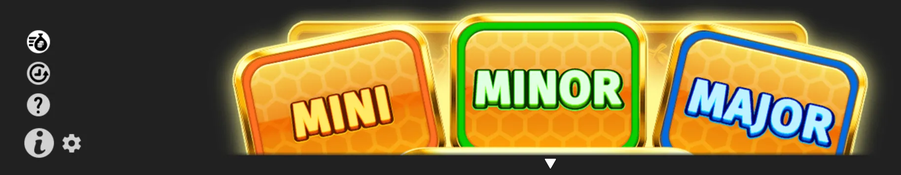 Royal Beellion slot interface with glowing golden honeycomb panels labeled Mini, Minor, and Major, plus navigation and information icons along the left side.