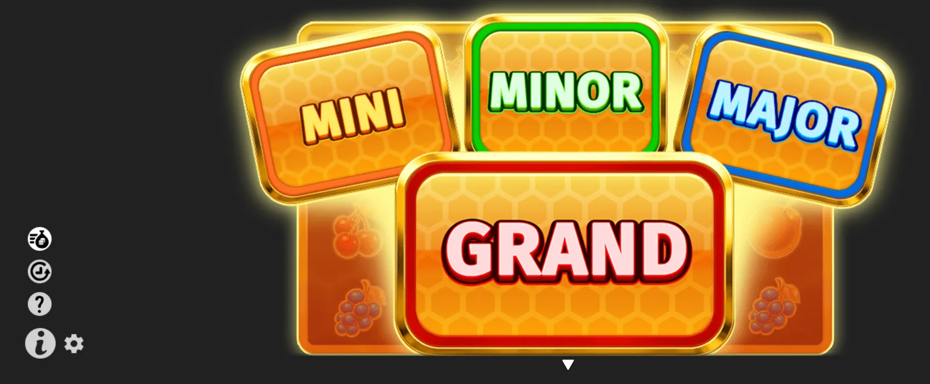 Royal Beellion jackpot display featuring Mini, Minor, Major and Grand prize tiers over a golden honeycomb backdrop with fruit symbols.