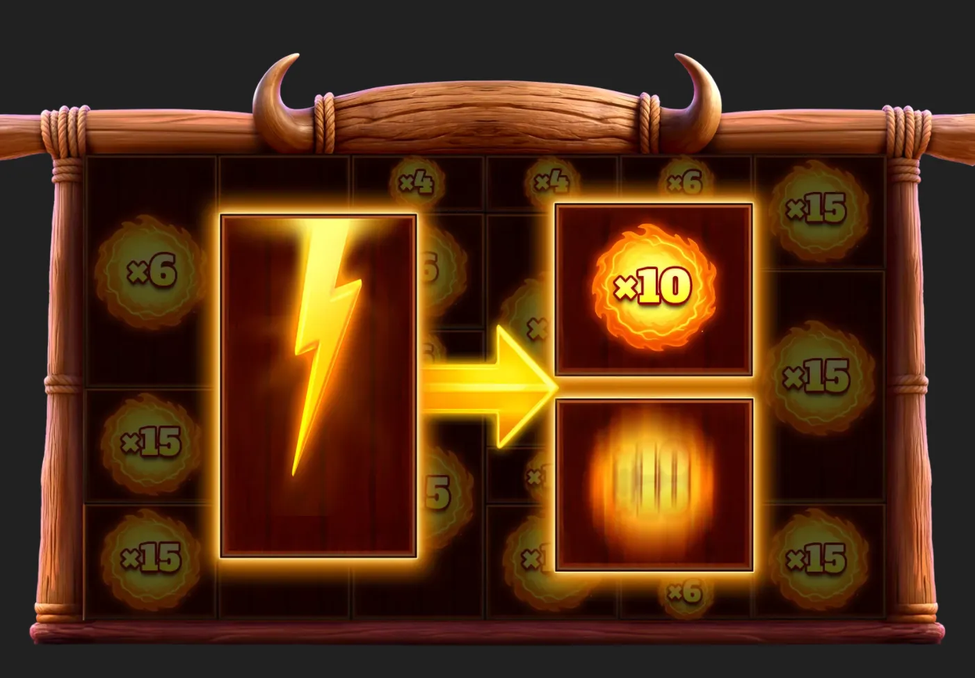 Grand Buffalo Hold & Win feature artwork with a horned wooden frame, glowing multiplier symbols, and a lightning bolt transforming into a higher-value bonus.