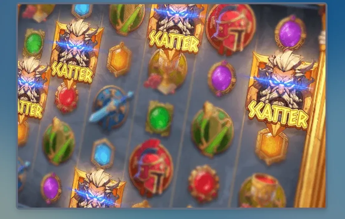 Fantasy slot reels featuring armored warrior symbols marked "KATTER," colorful shield-like gems, helmets, and weapon-themed emblems.