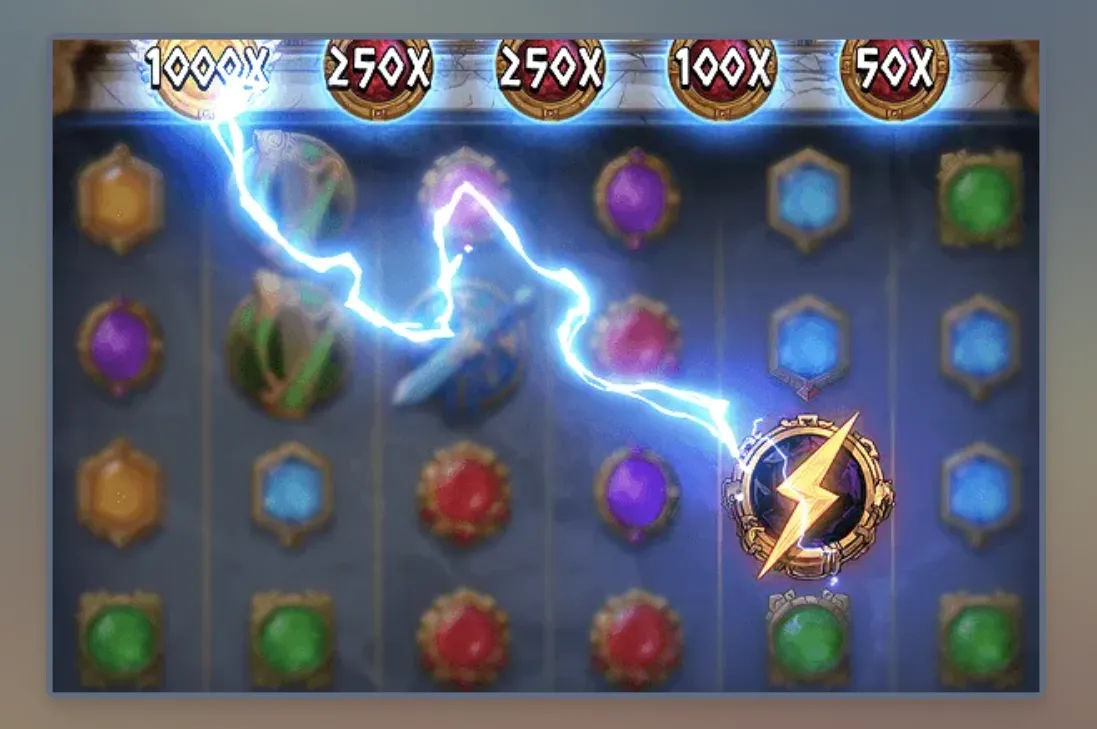 A fantasy slot reel displays colorful gem symbols, a glowing lightning-bolt emblem, and multiplier markers ranging from 50x to 250x across the top.