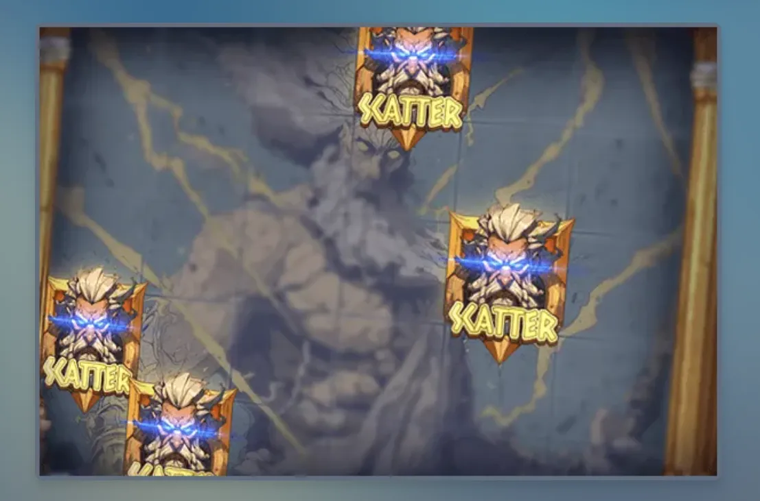 Fantasy slot reels featuring multiple glowing Scatter symbols with a fierce armored warrior against a stormy, cracked stone backdrop.