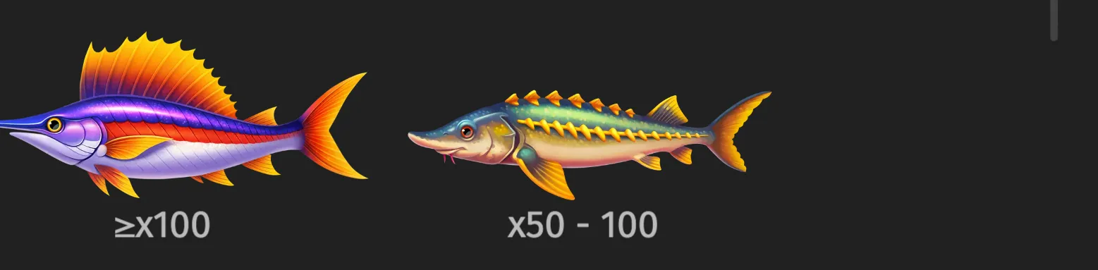 Illustrated sailfish and sturgeon-style fish symbols displayed on a dark background with multiplier values of ≥x100 and x50–100.