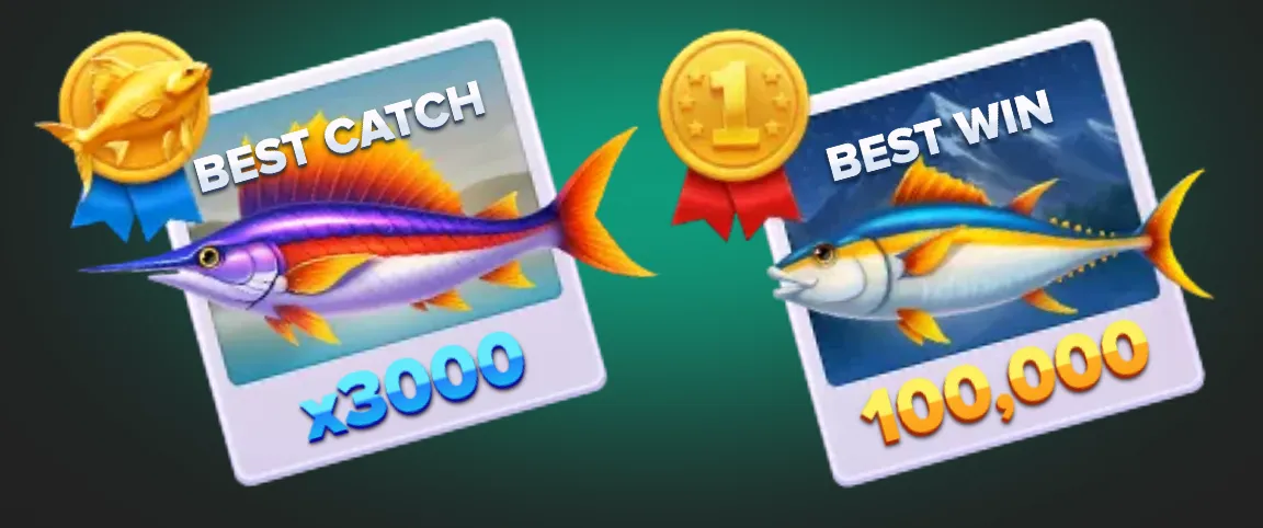 Fishing Club 2 preview featuring a marlin labeled Best Catch x3000 and a tuna labeled Best Win 100,000, with award medals and fishing-themed cards.