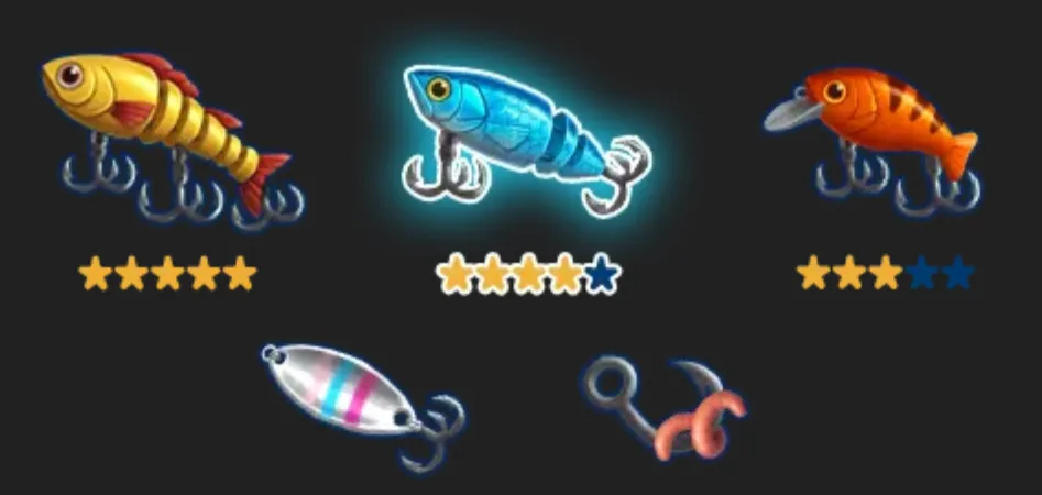 Fishing-themed slot symbols featuring colorful fish lures, a metallic spoon lure, and a worm-tipped hook against a dark backdrop.
