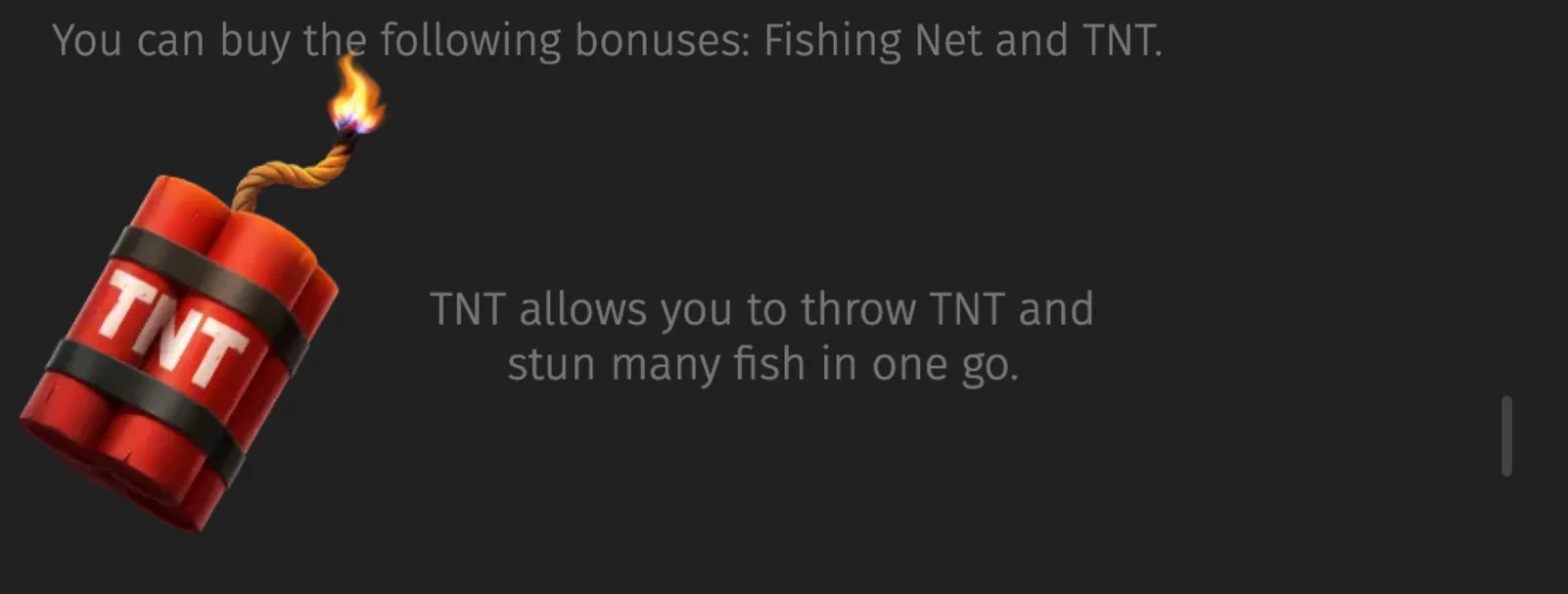 A red TNT bundle with a lit fuse appears beside text explaining the Fishing Club 2 TNT bonus and its ability to stun many fish in one throw.