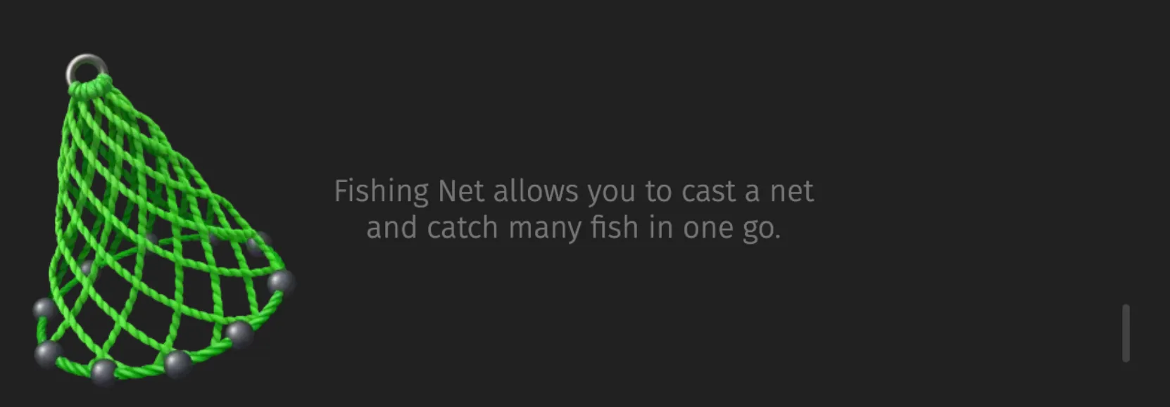 A bright green fishing net with weighted edges appears beside text explaining that it can catch many fish in one cast.