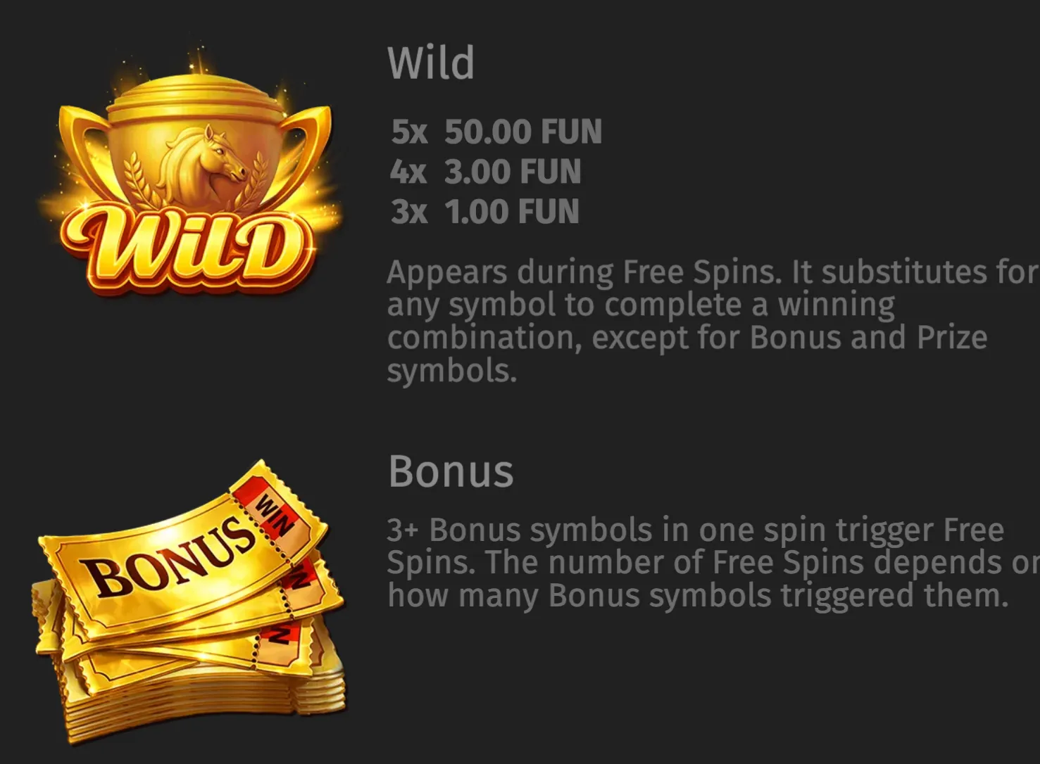 Golden horse-emblem Wild trophy and stacked Bonus tickets from the Derby Rush slot, with Free Spins and symbol payout information.