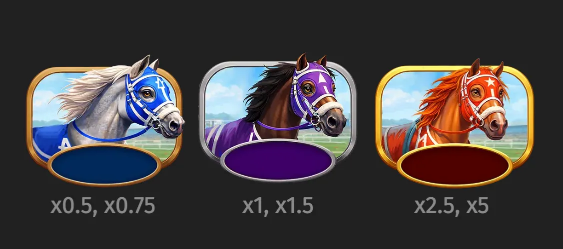 Three illustrated racehorse symbols in blue, purple, and red frames, labeled with multiplier values from x0.5 to x5 against a racetrack backdrop.