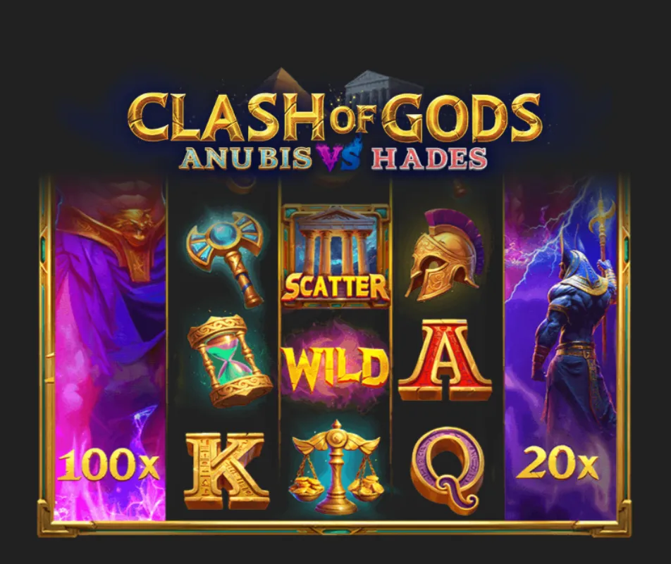 Clash of Gods: Anubis vs Hades slot artwork with Egyptian and Greek deity imagery, lightning, mystical purple energy, 100x and 20x multipliers, Scatter and Wild symbols, and themed reel icons.
