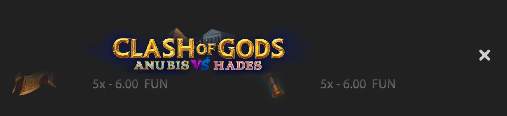 Clash of Gods: Anubis vs Hades slot title in ornate gold lettering, with Egyptian and Greek temple imagery against a dark mystical backdrop.
