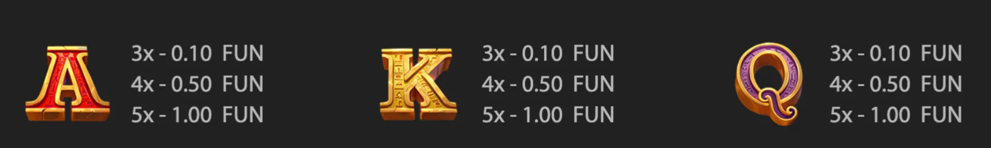 Ornate red, gold, and purple A, K, and Q slot symbols appear with payout values in FUN currency against a dark background.