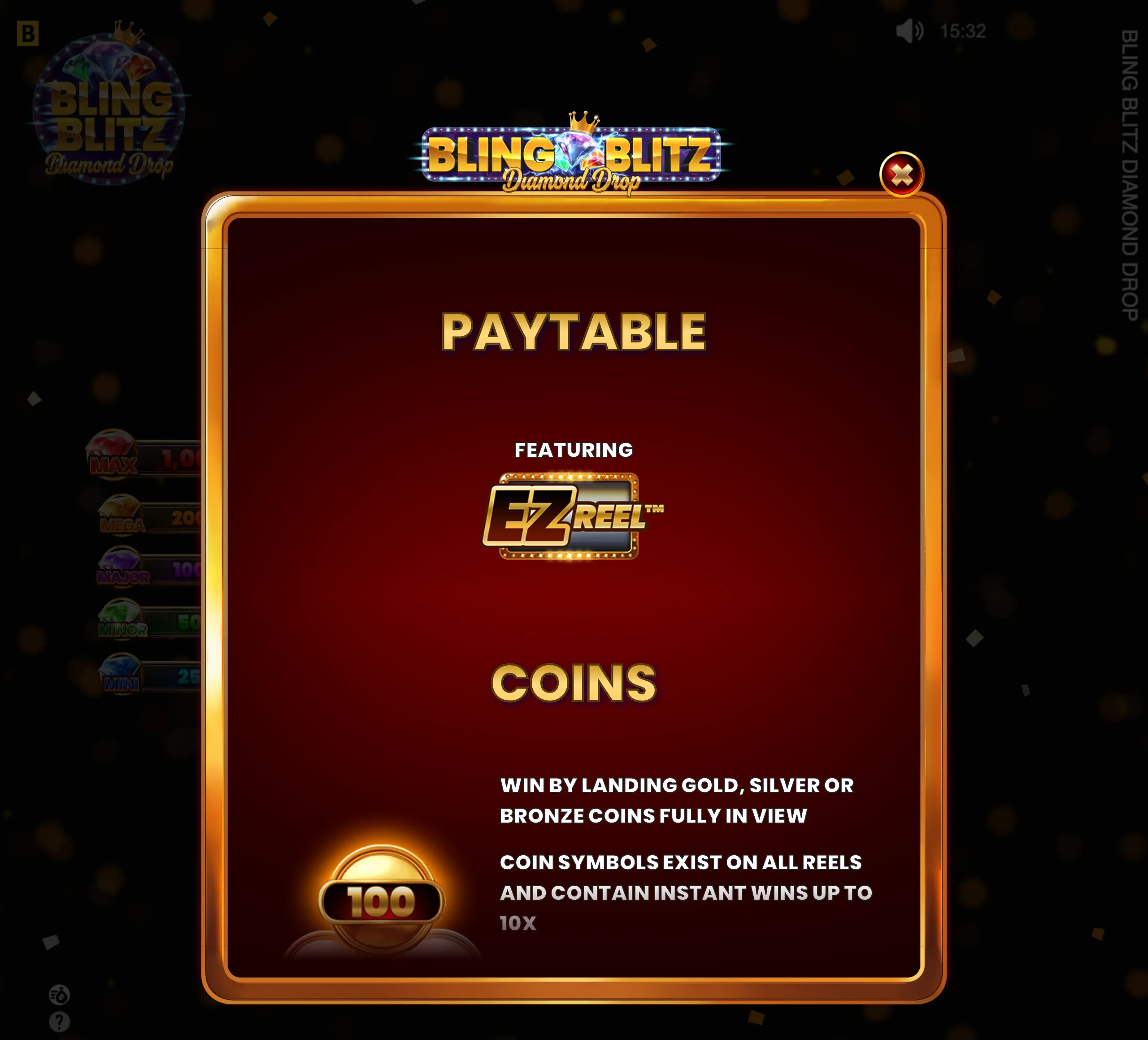 Bling Blitz Diamond Drop paytable with a crowned diamond logo, gold-trimmed red panel, and EZ Reel coin feature details against a dark casino-style backdrop.
