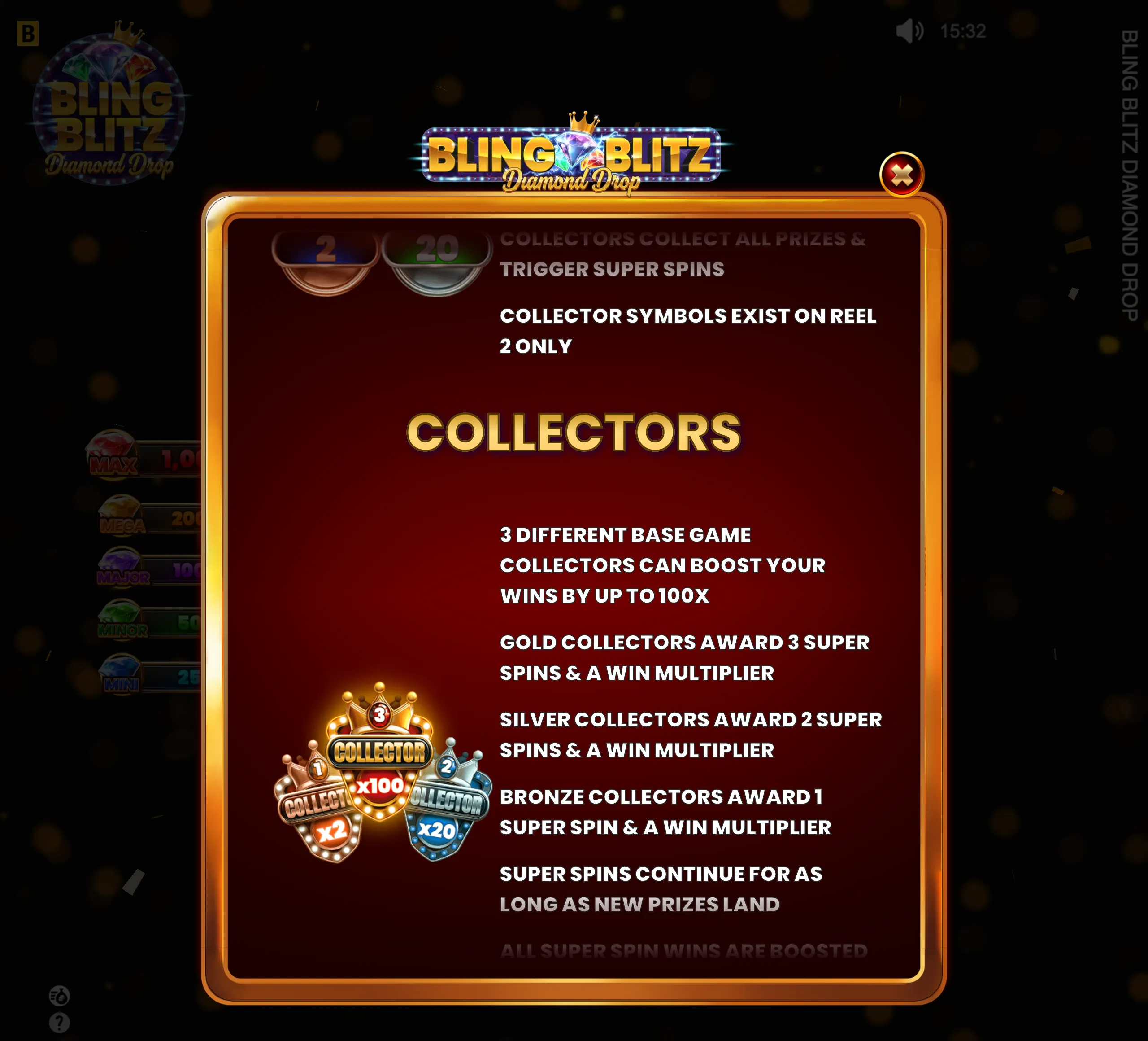 Bling Blitz Diamond Drop rules panel with jeweled logo, crown motifs, and bronze, silver, and gold collector symbols explaining Super Spins and multipliers up to 100x.