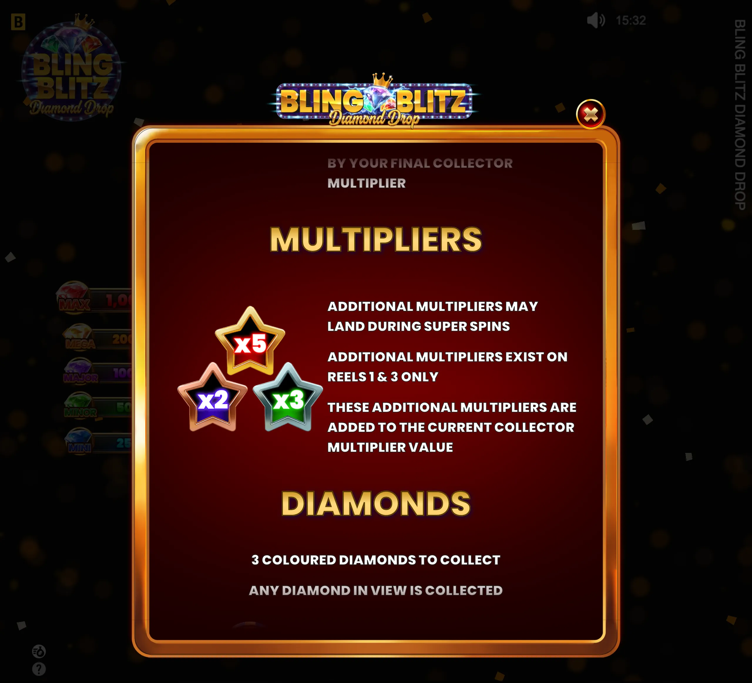 Bling Blitz Diamond Drop feature panel with a crowned diamond logo, gold-trimmed burgundy interface, x2, x3, and x5 multiplier stars, and diamond collection instructions against a dark casino-style backdrop.