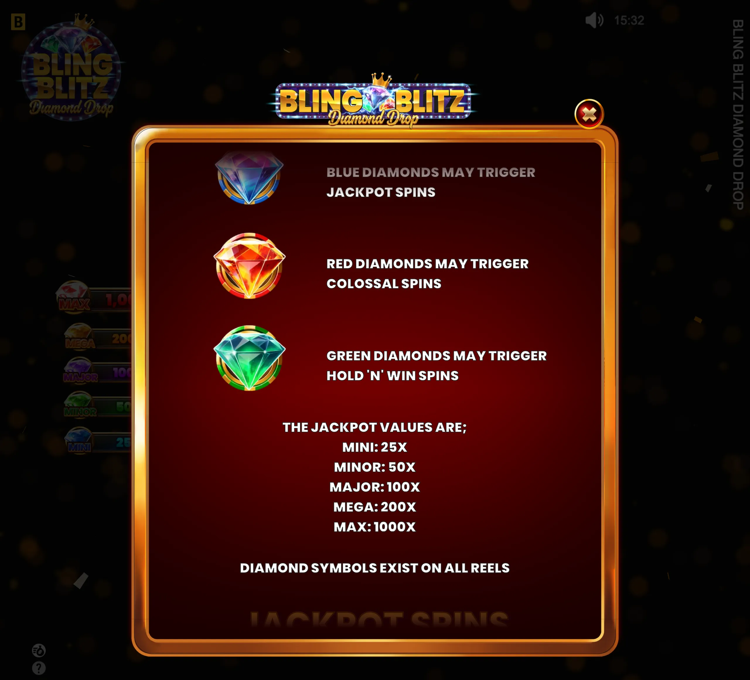 Bling Blitz Diamond Drop rules panel featuring blue, red, and green diamond symbols, bonus spin triggers, and jackpot values from Mini 25x to Max 1000x.
