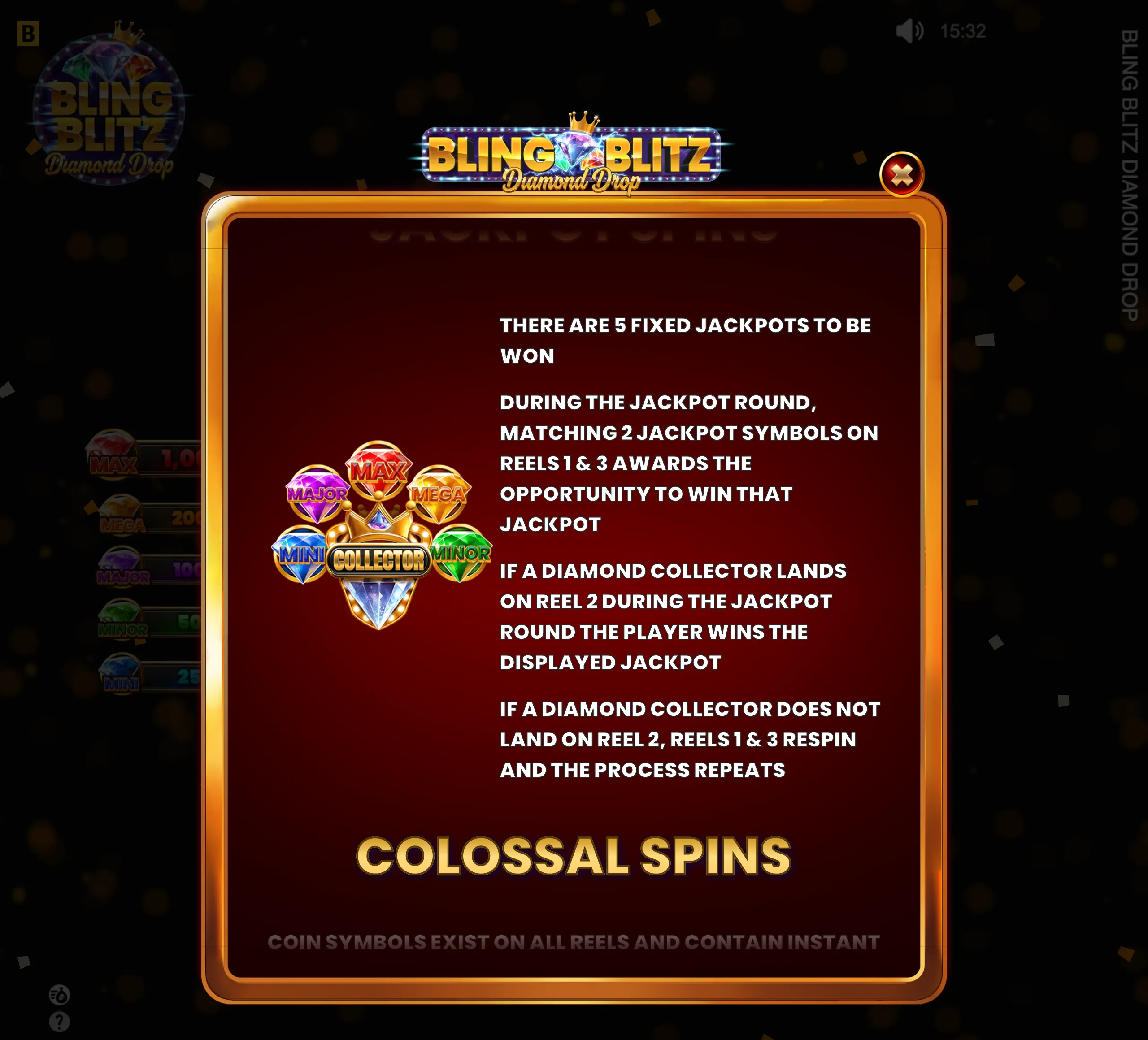Bling Blitz Diamond Drop jackpot rules panel with five colored diamond jackpot symbols, a collector diamond, and gold-framed text explaining the jackpot round against a dark backdrop.
