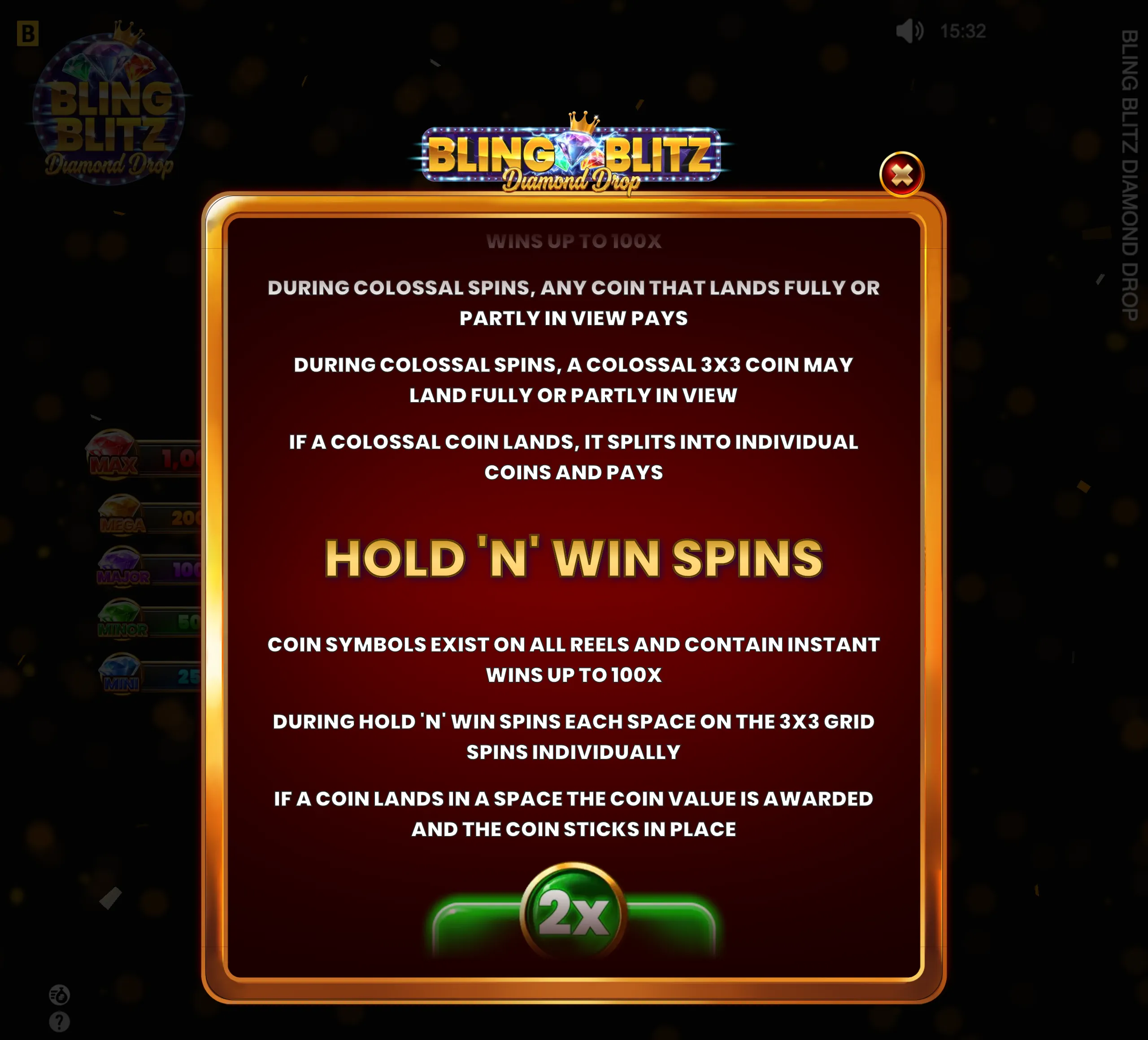 Bling Blitz Diamond Drop feature guide with a jeweled logo, gold-framed red panel, and text explaining Colossal Spins, 3x3 coins, Hold 'N' Win Spins, and wins up to 100x.