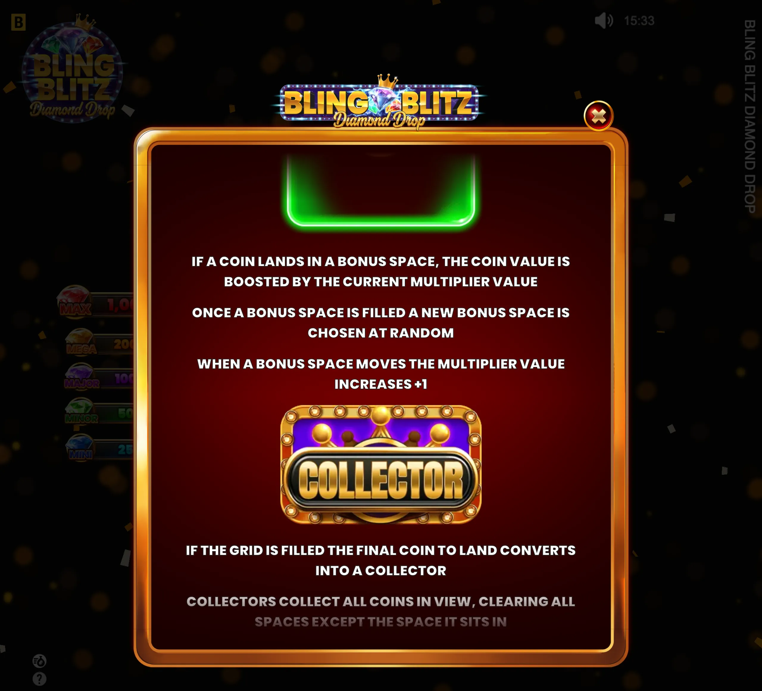 Bling Blitz Diamond Drop feature panel with a jeweled logo, gold-trimmed red interface, green bonus-space graphic, and Collector badge explaining coin multipliers and grid collection.