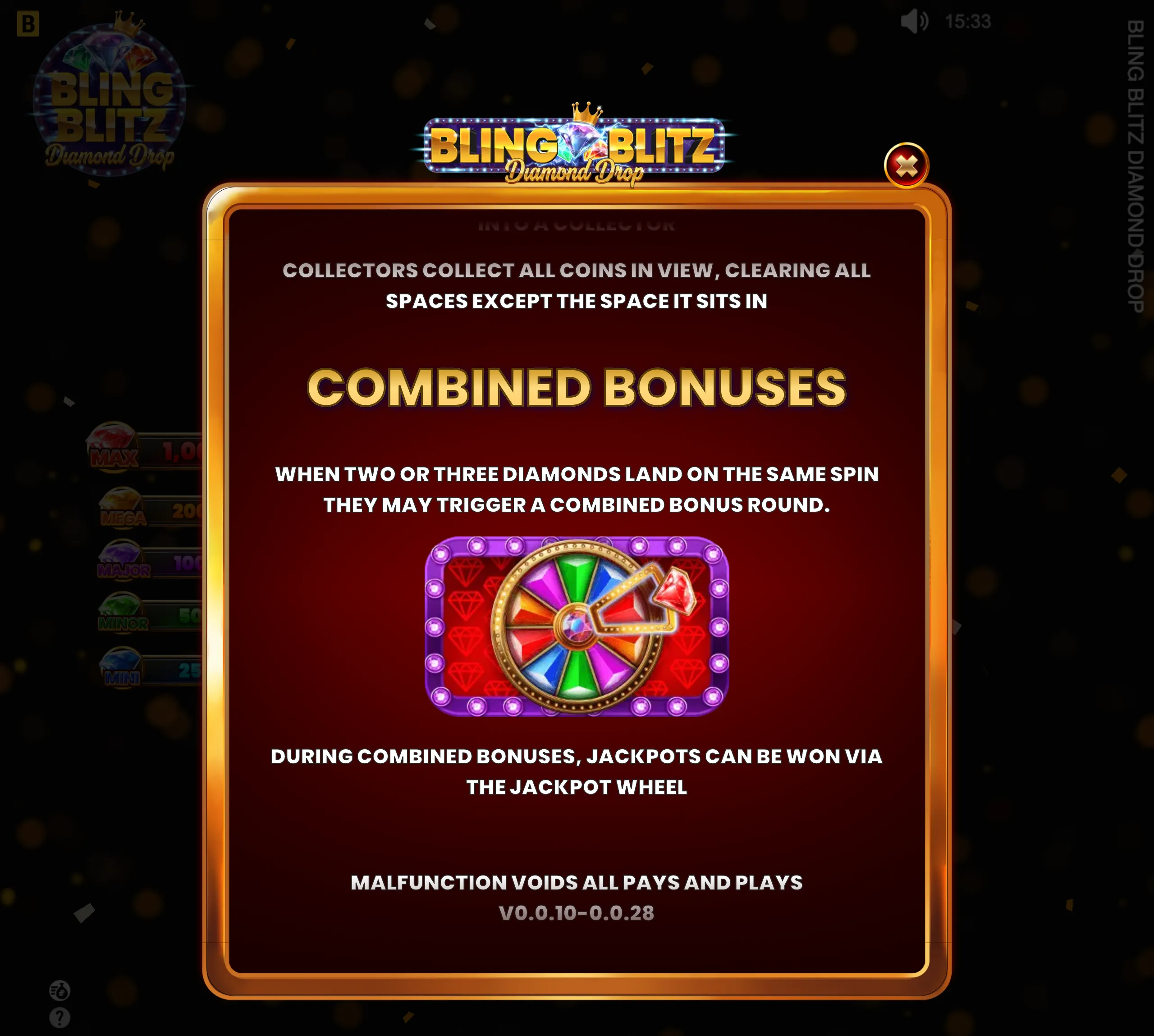Bling Blitz Diamond Drop bonus information panel with a crowned diamond logo, gold trim, jackpot wheel graphic, and instructions for combined bonuses and coin collectors.