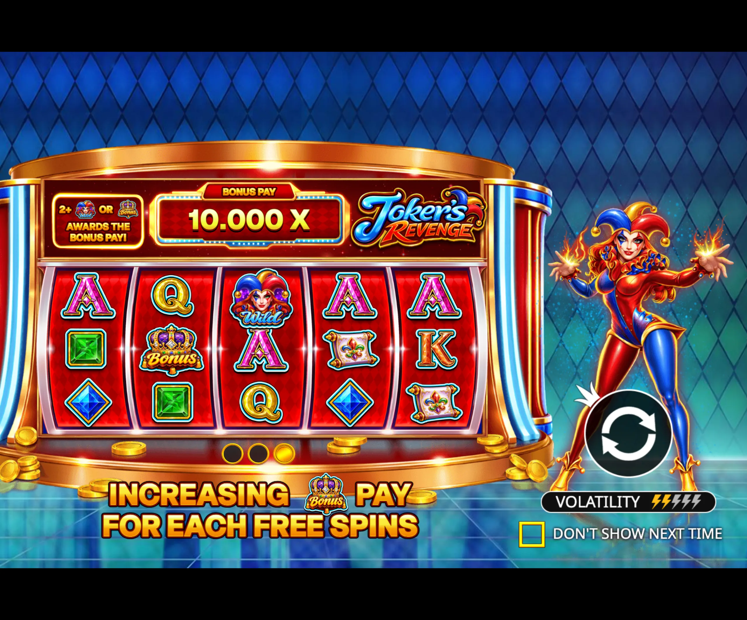 Slot game Joker's Revenge features a colorful jester-themed interface with a 10,000x bonus pay highlight and a jester character casting fiery magic.