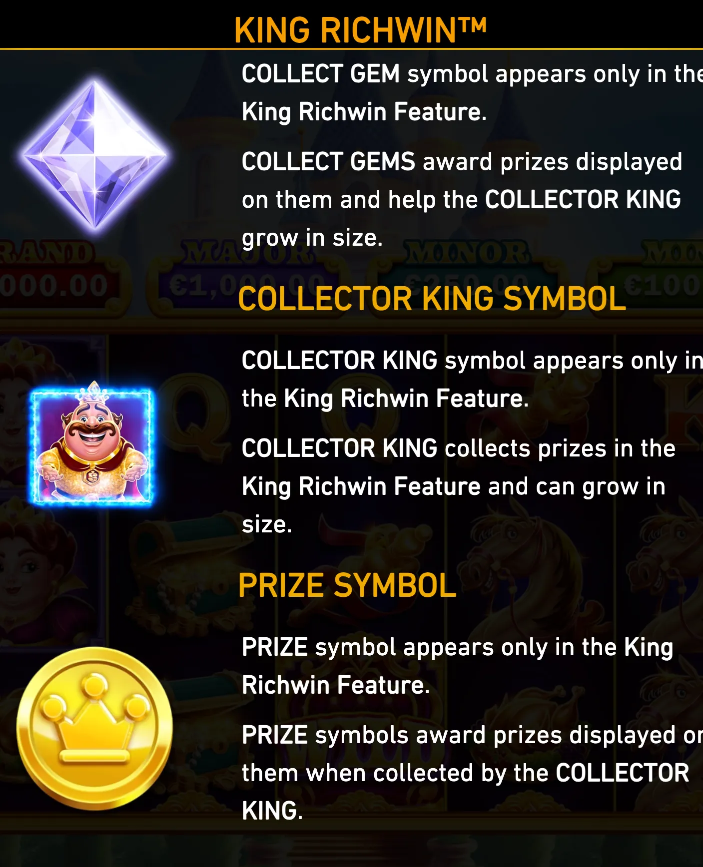 King Richwin slot feature guide featuring a glowing purple gem, a smiling cartoon king symbol, and a golden prize coin over a wealth-themed reel backdrop.