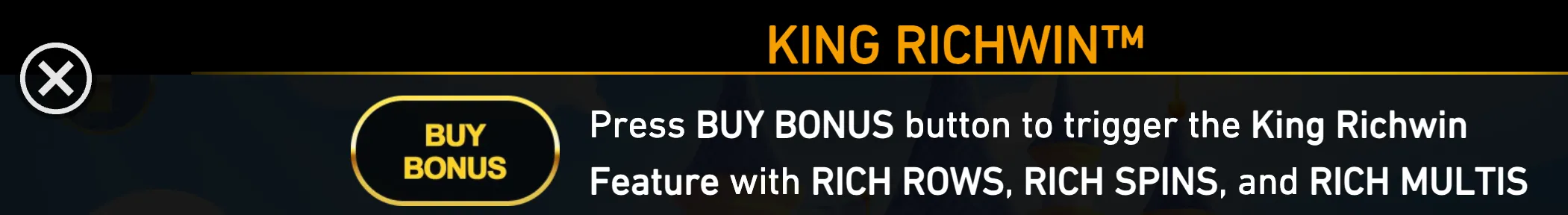 King Richwin bonus feature banner with a gold BUY BONUS button and text highlighting Rich Rows, Rich Spins, and Rich Multis.