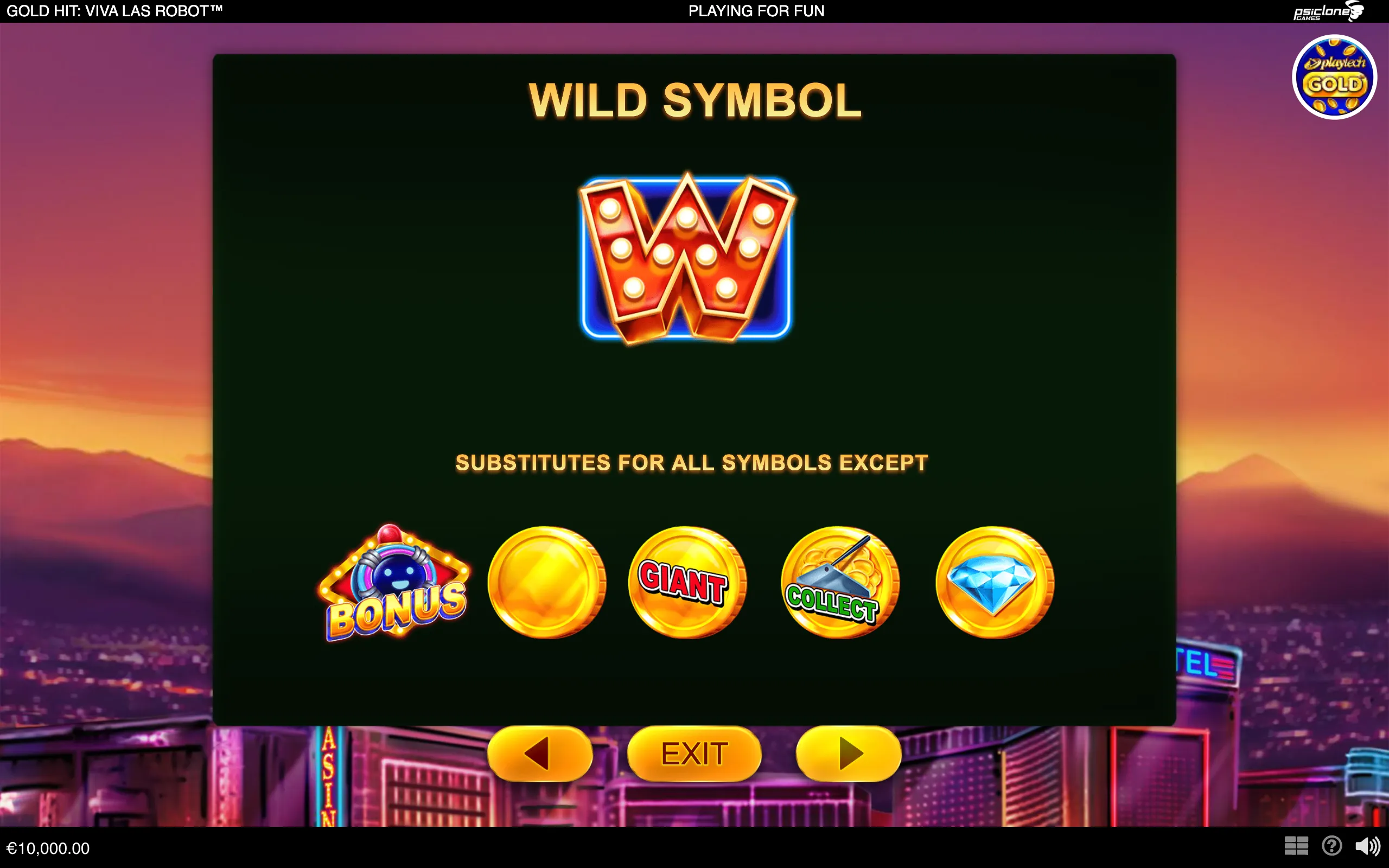 Gold Hit: Viva Las Robot rules display featuring a glowing marquee W wild symbol, robot bonus icon, gold coin symbols, a diamond, and a Las Vegas city backdrop.