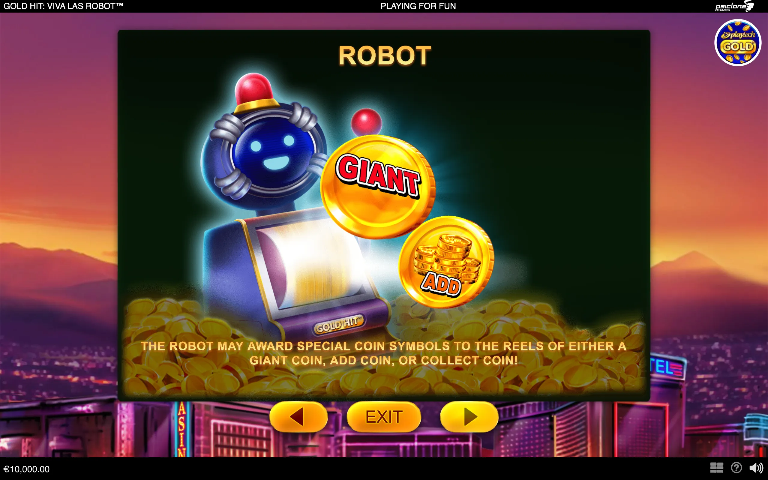Gold Hit: Viva Las Robot promotional artwork featuring a smiling blue robot beside a glowing slot machine, giant gold coins, and a Las Vegas skyline backdrop.