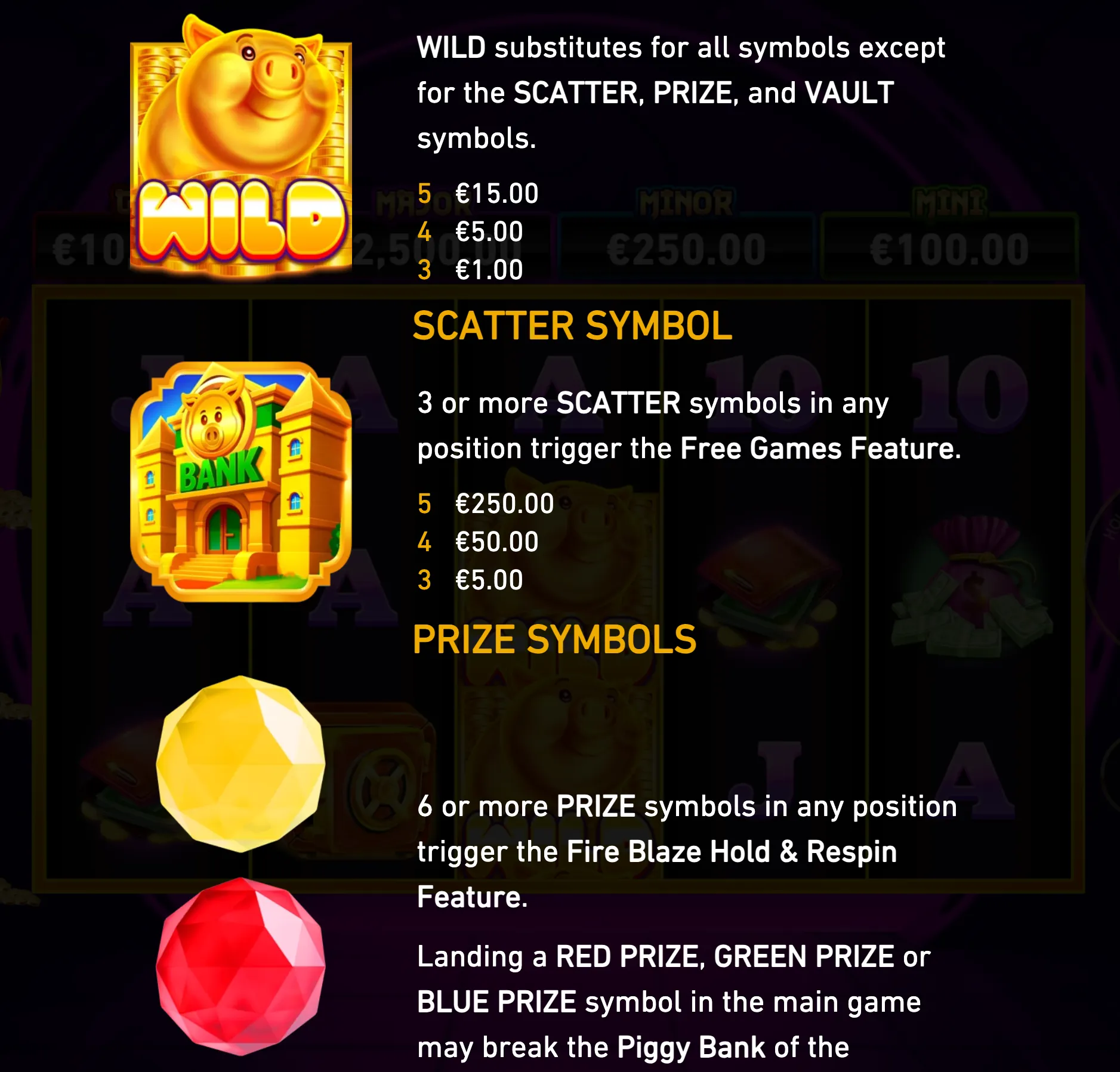 Fire Blaze: Oink Oink Oink feature guide with a golden pig Wild, bank-themed Scatter symbol, colorful prize gems, and text explaining Free Games and Hold & Respin mechanics.