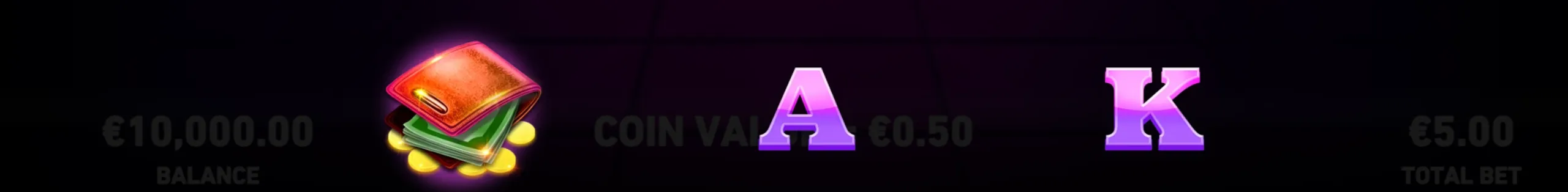 Fire Blaze: Oink Oink Oink slot preview featuring glowing purple A and K playing-card symbols beside a wallet and coins, with balance and bet values visible.